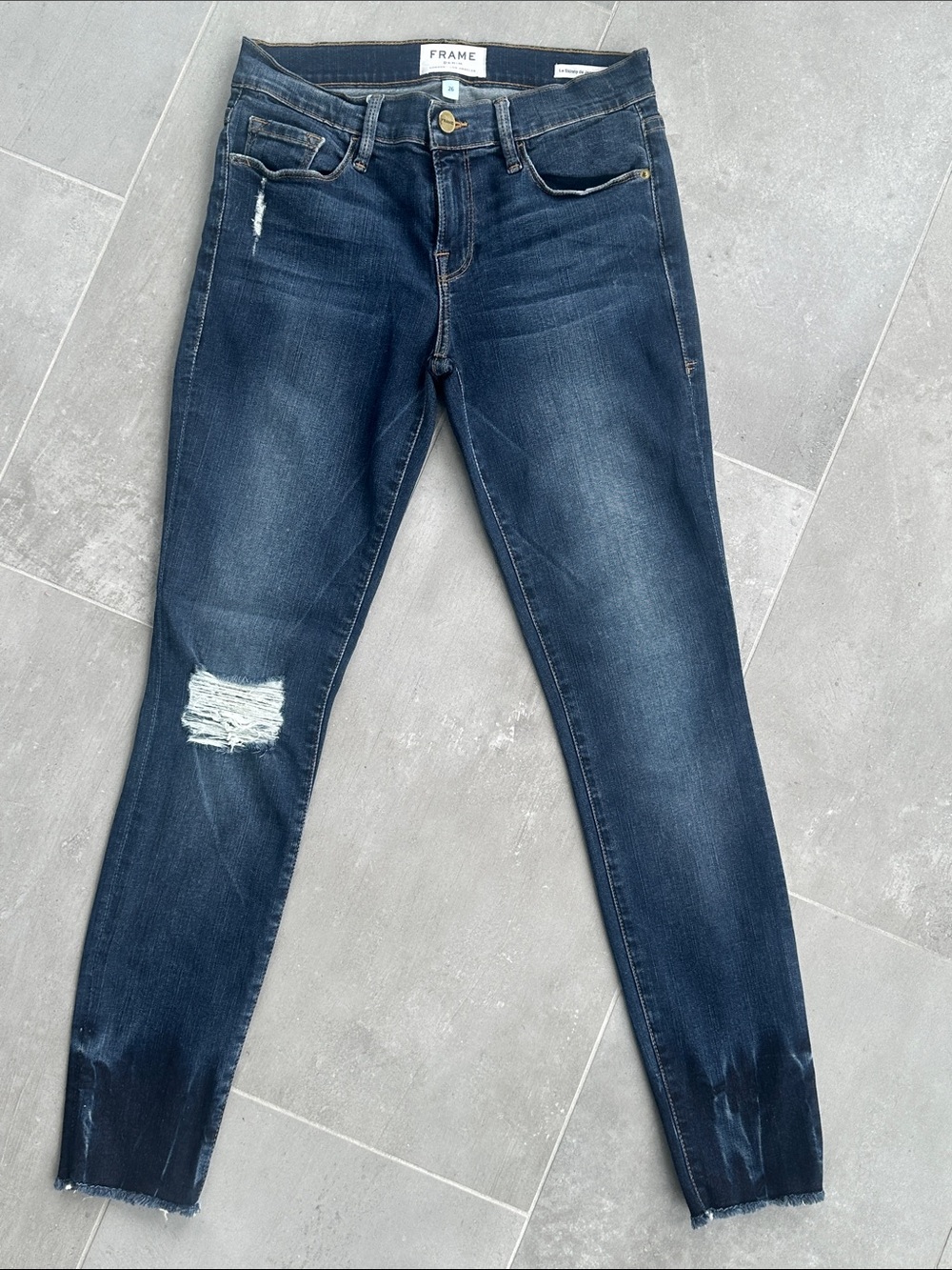 Frame Denim Dark Wash Distressed Skinny Jeans